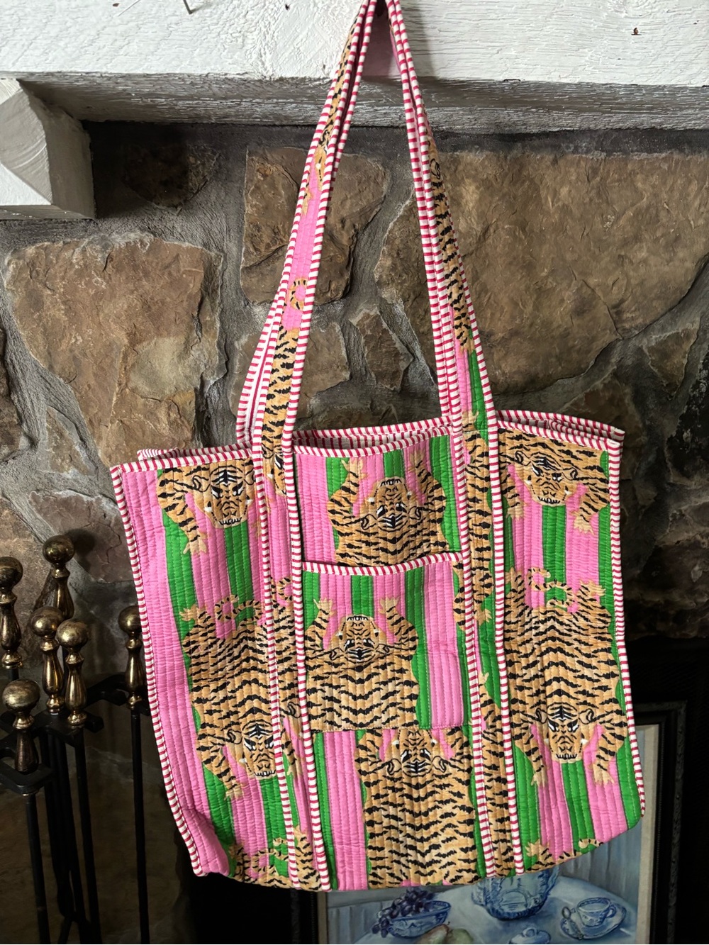 Pink & Green Tiger-Print Quilted Tote Bag